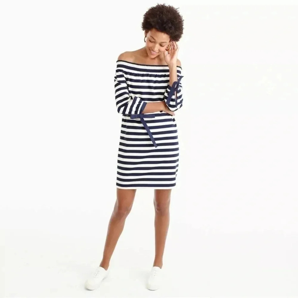 J. Crew Striped Off The Shoulders Navy Muslin Dress Size S Small Bow Tie - Picture 8 of 8